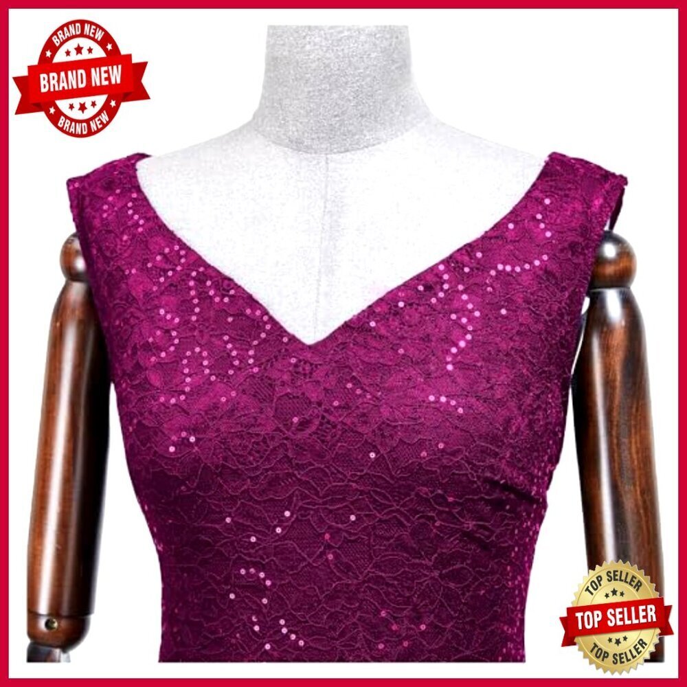 Elegant Sequin Lace Evening Dress V Neck Sleeveless Formal Party Gown - Picture 5 of 7